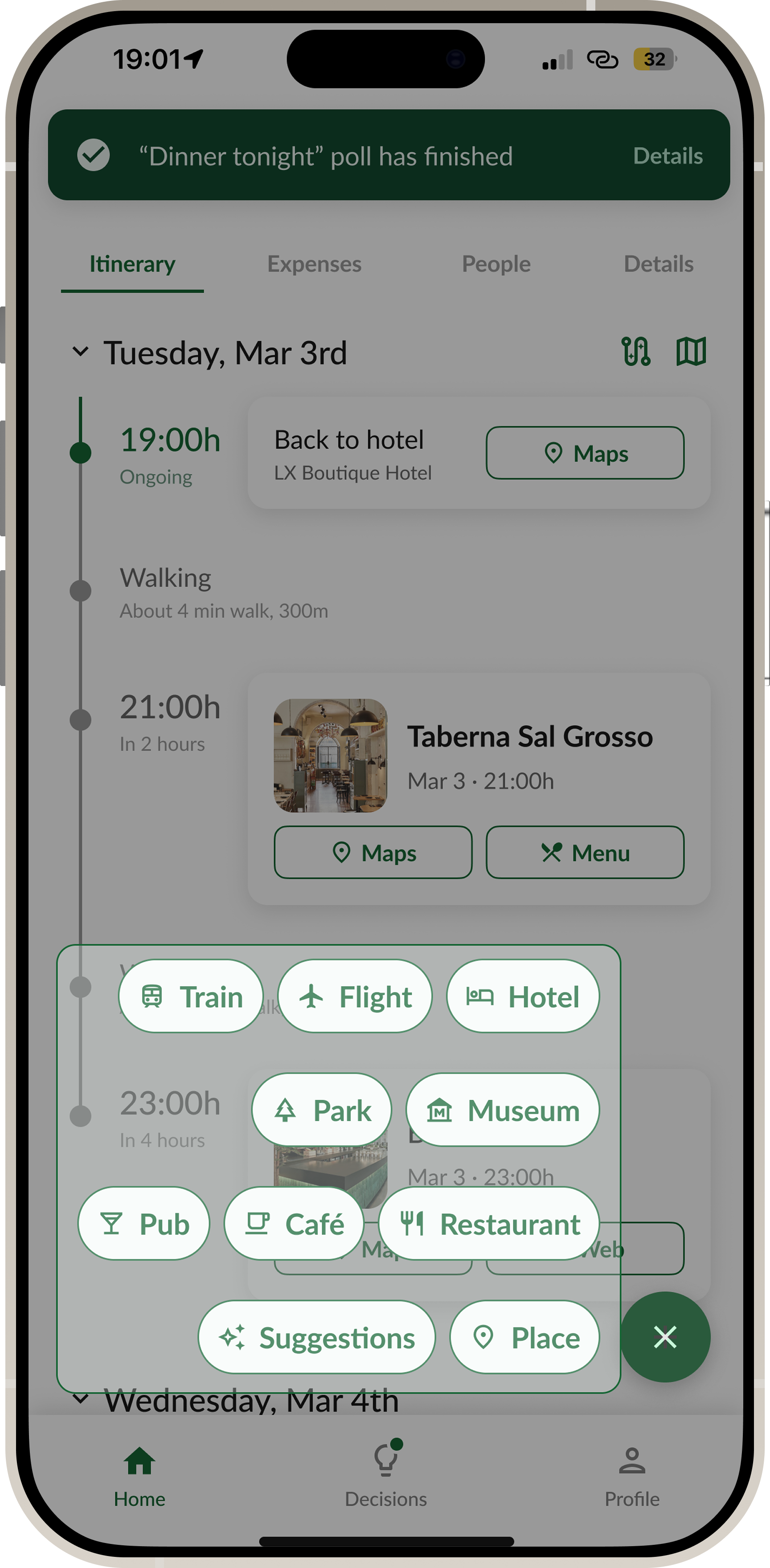 Itinerary screen with the add-to-itinerary action chips highlighted