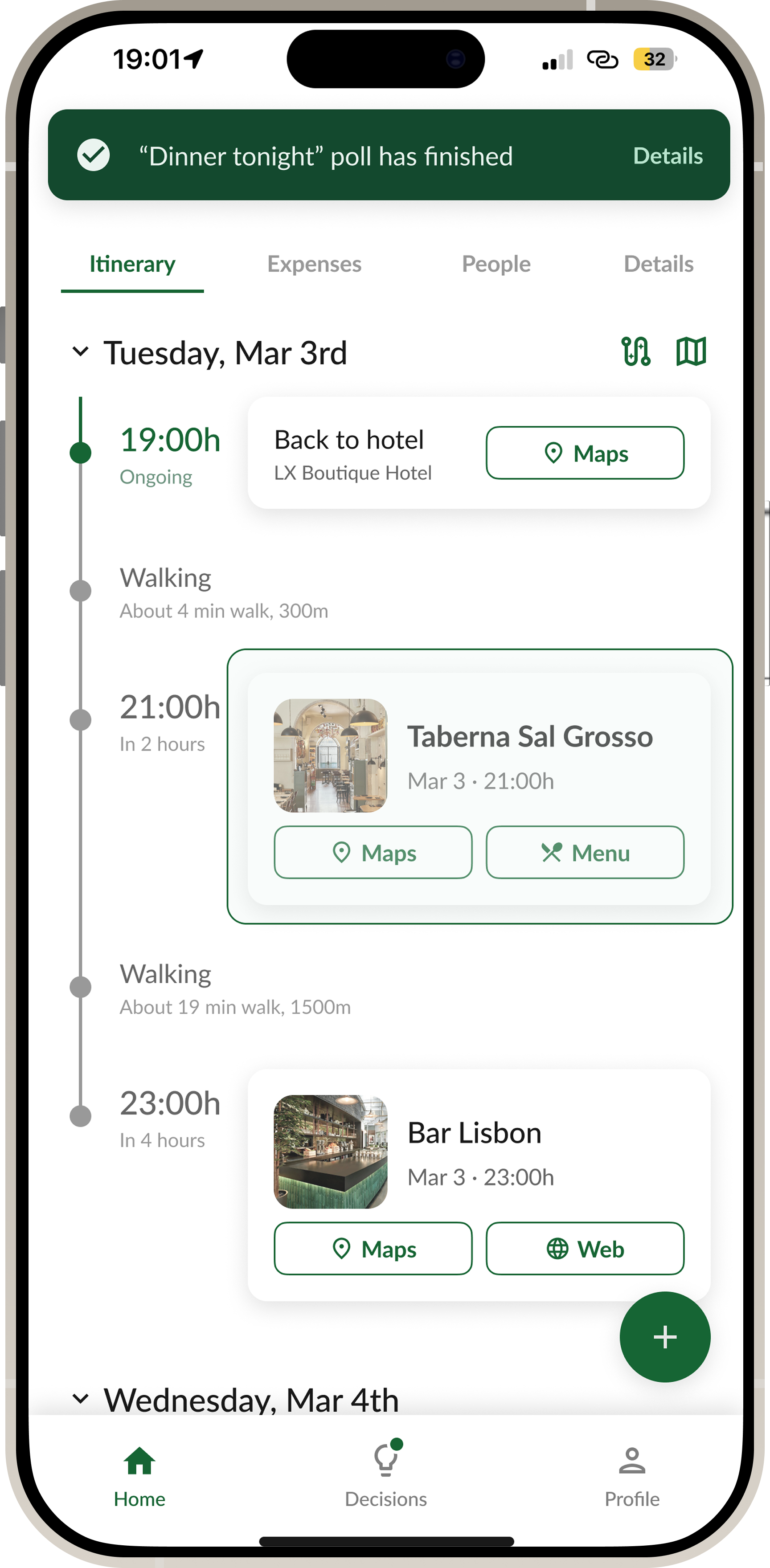 Itinerary screen showing the winning poll option added as a card, with a poll-finished banner