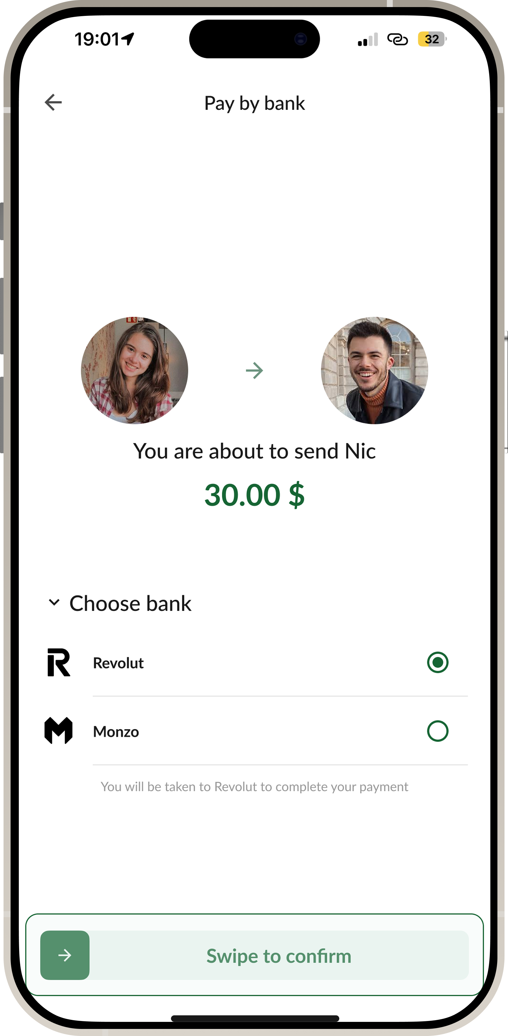 Pay by bank screen with the swipe-to-confirm control highlighted