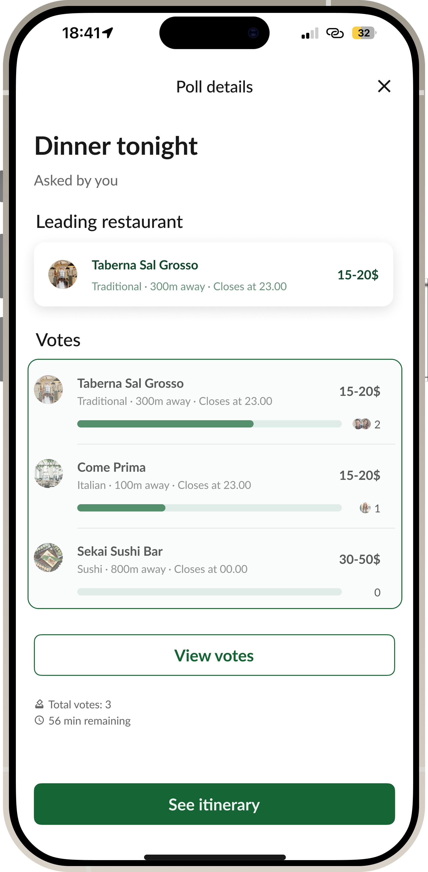 Poll details screen with the votes and results block highlighted
